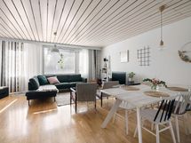 Keittiö ja olohuone ovat yhtenäistä avointa tilaa