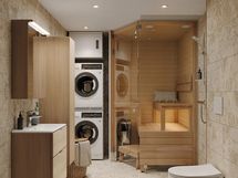 Visualisointi L-kylpyhuoneesta. Visualisoinnissa lisäksi valittuna hiekan värinen 2-laatikkoinen allaslaatikosto. peilikaappi ja pyykkikaappi, sekä pesutorni.