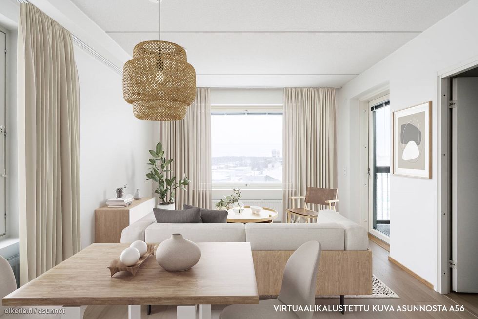 Virtuaalikalustettu ruokailu- ja oleskelutila. Kuva asunnosta A56, jossa vastaava pohjaratkaisu, materiaalit voivat poiketa.