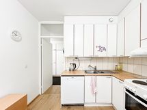 Keittiössä on hyvin kaappi- ja laskutilaa sekä astianpesukone.