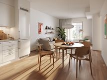 Visualisointikuvassa taiteilijan näkemys 55,0 m2 asunnon B45 olohuoneesta.