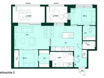 3h+kt+s, 75,0 m². Vaihtoehtopohjassa saunan sijaan mahdollisuus valita vaatehuone.