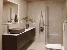 Visualisointikuva asukasmuutoksena toteutettavasta Aavikko -tyylillä sisustetusta kylpyhuoneesta.