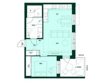 2h+kt+s, 52,5 m². Kaksio, jossa sauna ja lasitettu parveke.