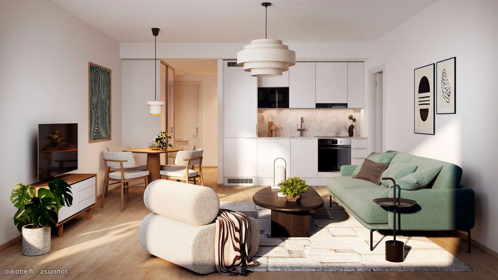 Visualisointi 43,5-neliöisestä kaksiosta (asunnot E38, E45, E52, 2h+kt).