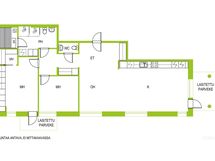 Havainnepohjakuva. Lisäämällä kevyen seinän, tästä huoneistosta saa kolmion.