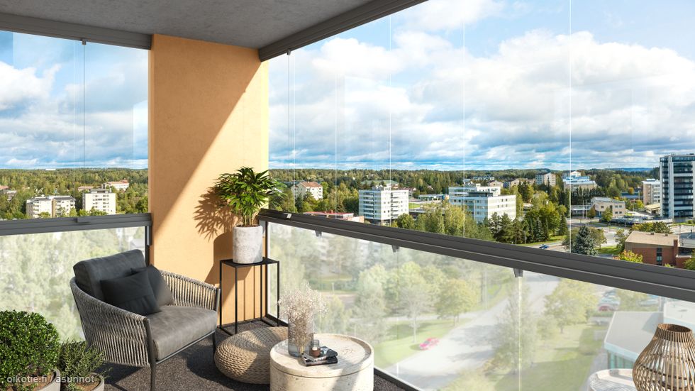 Visualisointikuvassa taiteilijan näkemys 7.kerroksen asunnon A36 parvekkeelta.