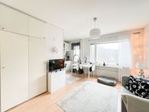 Olohuoneen puolella on seinään upotettu kaapisto. Kodin ikkunat ovat luoteen suuntaan.