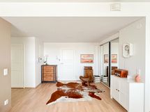 Eteinen on tilava ja säilytystilaa löytyy hyvin. Huoneistolla on myös kaksi häkkivarastoa.