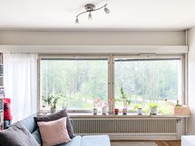 Olohuoneen ikkunasta on vehreä näkymä länteen.