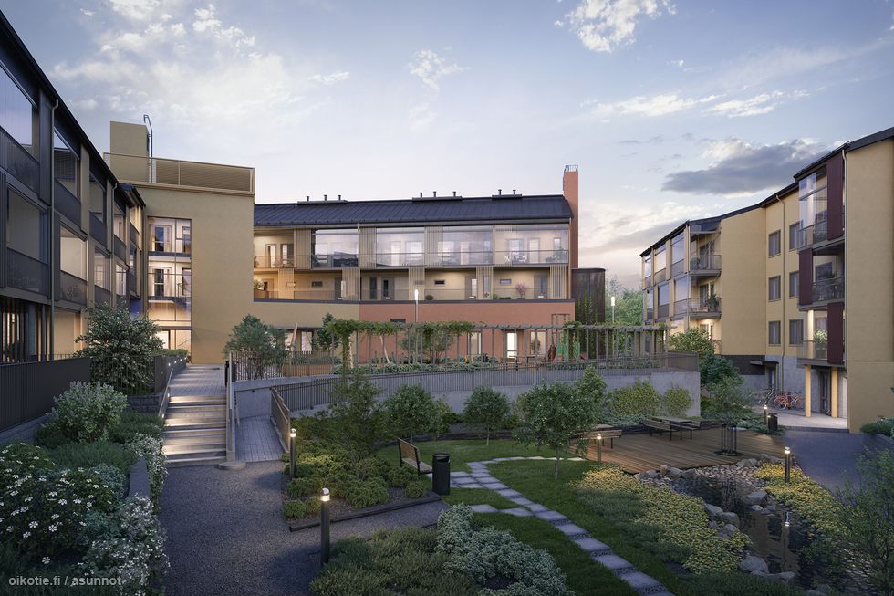 Visualisointikuvassa taiteilijan näkemys Ultramariinin sisäpihalta.