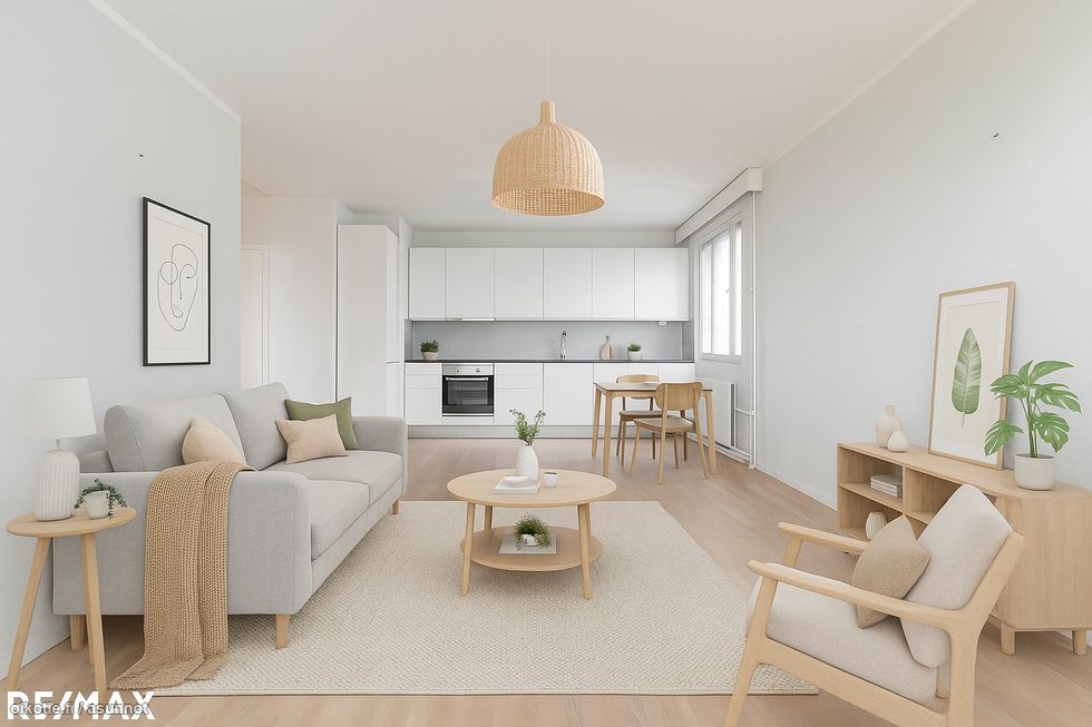 Virtuaalisesti sisustettu kuva olohuoneesta ja keittiöstä