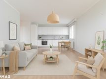 Virtuaalisesti sisustettu kuva olohuoneesta ja keittiöstä