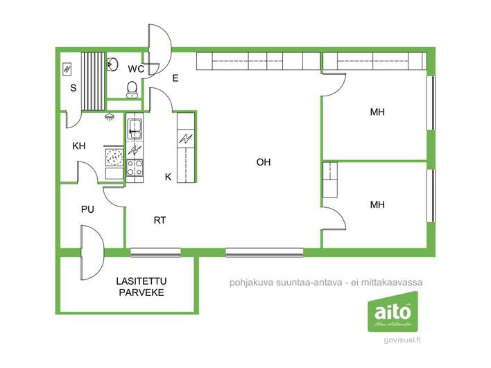 Kerrostalo, 3h, k, pkh, kph, s, erill.wc, las.parveke, 82,5 m², Tervakoski - Näkymä 2