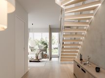 Ruokailutilasta näkymää olohuoneeseen.