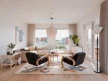 Visualisointi 8. kerroksen vastaavasta kodista (4h+kt+s, 93,5 m²).
