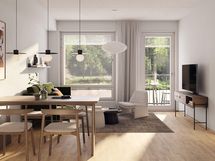 Alustava visualisointi 1. kerroksen vastaavasta 42,5-neliöisestä kodista (2h+kt)