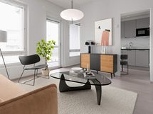 Digistailattu asunto A 23 - Valoisa oleskelutila ja alkovi muodostavat viihtyisän kokonaisuuden.