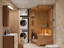 Visualisointi saunallisesta kylpyhuoneesta. Visualisoinnissa lisäksi valittuna tammen sävyinen allaslaatikosto. peilikaappi ja pyykkikaappi, sekä pesutorni.