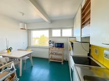 Erillinen keittiö on tilava ja sinne mahtuu ruokaryhmä.