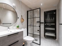 2022 remontoidussa kylpyhuoneessa on tyylikäs, kääntyvä suihkuseinä ja sadesuihku