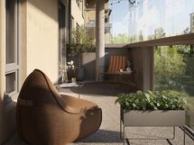 Alustava visualisointi 4. kerroksen Duo-kodin toiselta parvekkeelta.