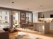 Visualisointi vastaavasta ensimmäisen kerroksen kodista (3-4h+kt+s, 81,5 m²)