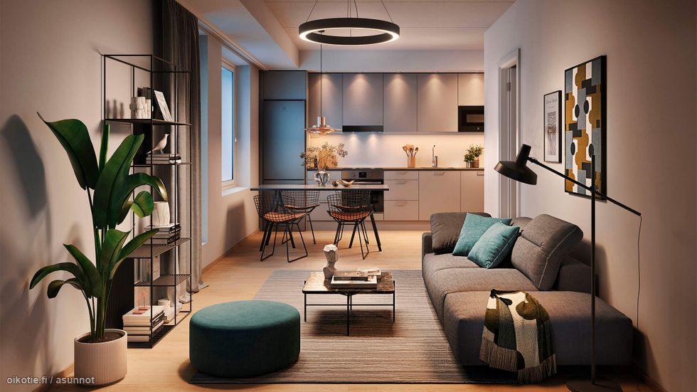 Visualisointi 64-neliöisestä kolmiosta (E34, E41, 3h+kt+s, 64 m²).