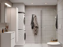 Lisähintainen kylpyhuonetyyli Huurre. Visualisoinnissa lisäksi valittuna valkoinen allaslaatikosto ja pesutorni. (M-koon kylpyhuone).