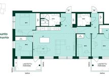 Turun Silmun Duo-asunnon vaihtoehtopohjapiirros, jossa on neljä makuuhuonetta, kaksi kylpyhuonetta, avokeittiö ja kaksi lasitettua parveketta.