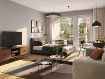 Alustava visualisointi 2. kerroksen vastaavasta 29,5-neliöisestä kodista (1h+kt)