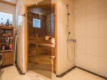 Löylyhuone on sijoitettu tilaa säästävästi. Suihkutila oikealla.