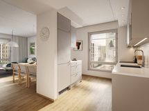 Visualisointi 4. kerroksen vastaavasta kodista (3h+kt, 56,5 m²)