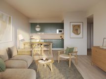 Olohuone A26, 3h+kt+s/vh, 73,5 m². Havainnekuva, taiteilijan näkemys.