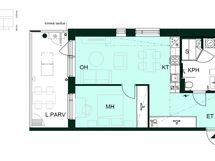 Kaksio, jossa makuuhuone, avokeittiö-olohuone, kylpyhuone saunalla ja lasitettu parveke.