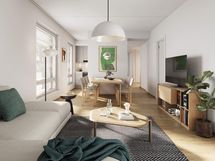 Visualisointi neljännen kerroksen vastaavasta kodista A 36 (3h+kt, 56,5 m²)