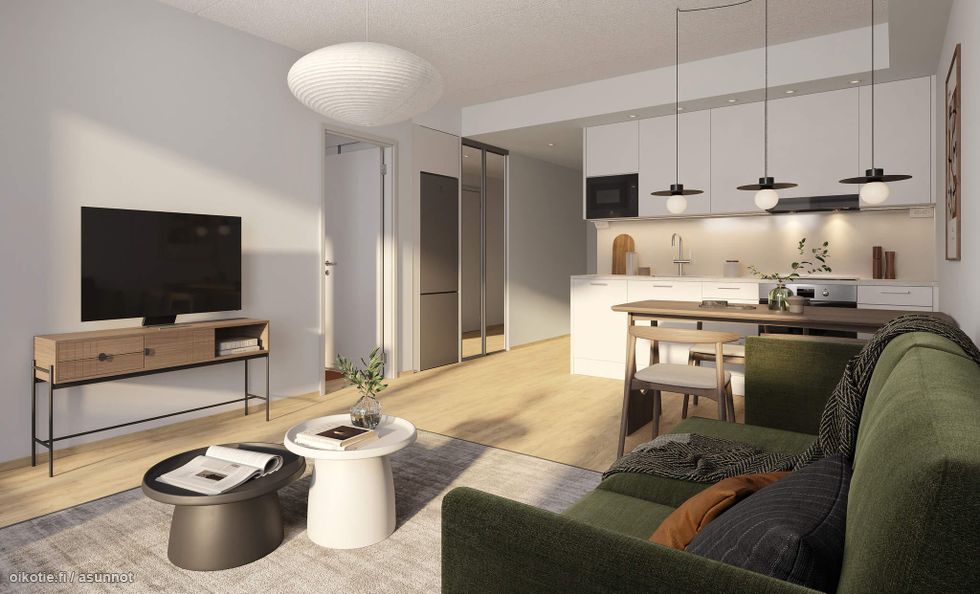 Alustava visualisointi 1. kerroksen 42,5-neliöisestä kodista (2h+kt)