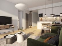 Alustava visualisointi 1. kerroksen 42,5-neliöisestä kodista (2h+kt)