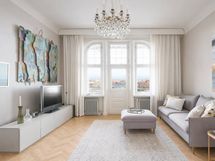 AI:n luoma havainnekuva huoneesta vaalealla kalanruotokuvioisella tammiparkettilattialla.