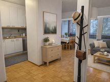 Avoin olohuone ja ruokatila, virtuaalinen sisustuskuva.