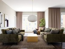 Luonnoskuva asuntokoon 102,5 m2 pohjaversio B:n olohuoneesta