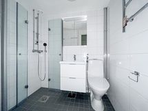 Tyylikkääseen kylpyhuoneeseen mahtuu kapea pyykinpesukone.