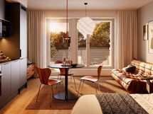 Visualisointi 27-neliöisestä yksiöstä (asunnot E31, E36, E43, E50, E56 1h+kt).