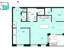 Toimiva kolmio, jossa kaksi makuuhuonetta, avara olohuone–keittiö ja lasitettu parveke (3h+kt+s, 77,5 m²).