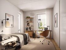 Alustava visualisointi 1. kerroksen vastaavasta 74-neliöisestä kodista (3h+kt+s).