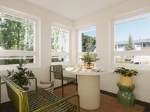 Parvekkeiden julkisivu myötäilee vanhan rakennuksen ikkuna-aukotusta. Kuva C39:stä, C41 korkeampi!