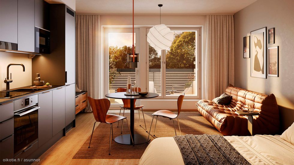 Visualisointi 27-neliöisestä yksiöstä (asunnot E31, E36, E43, E50, E56 1h+kt).