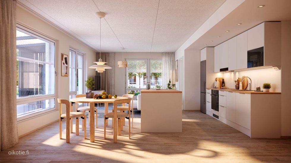 Visualisointi ensimmäisen kerroksen vastaavasta kodista (3h+kt+s, 64,5 m²)