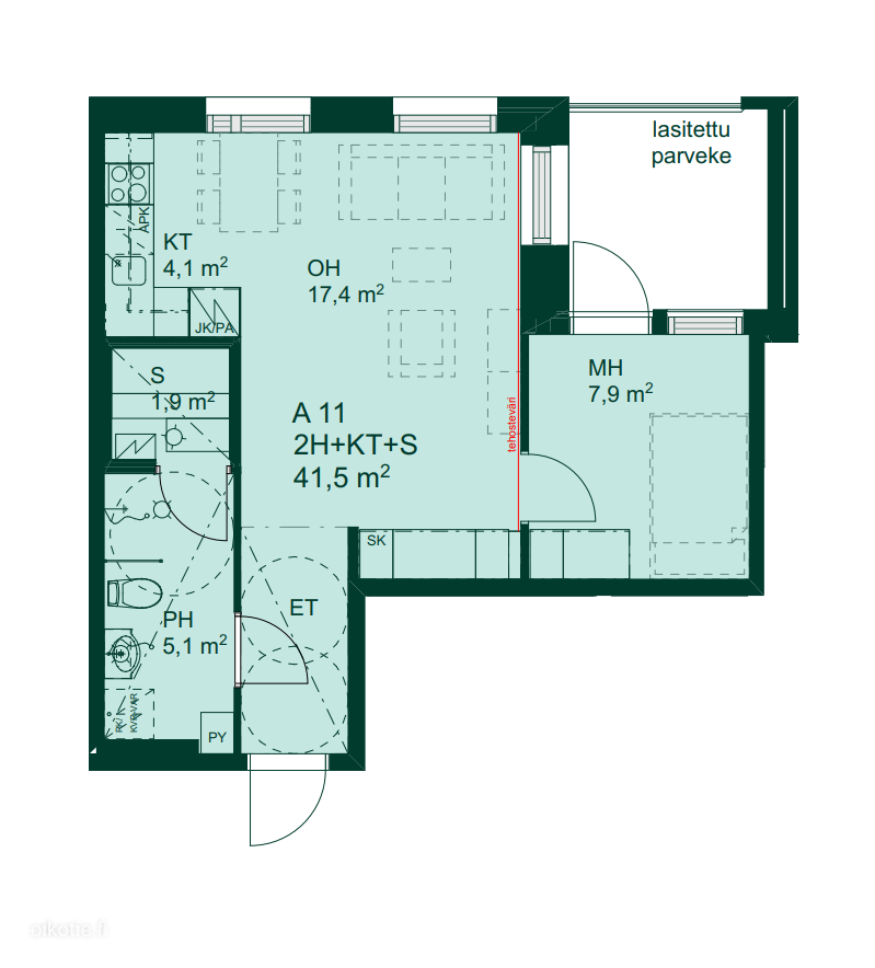 Kerrostalo, 2h+kt+s+lasitettu parveke, 41,5 m², Limingantulli - View 2