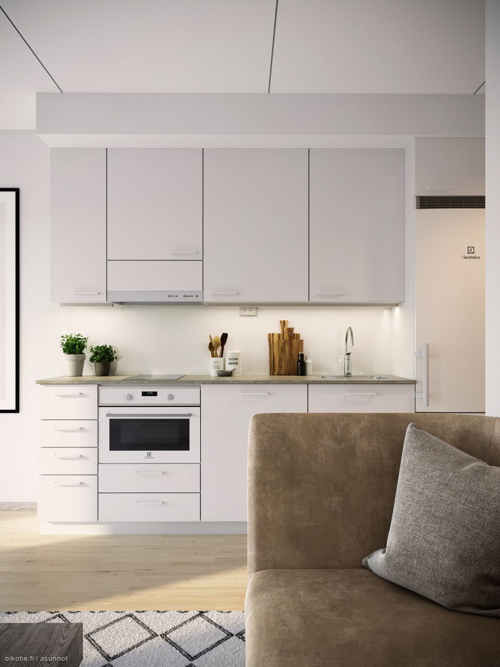 Visualisointikuvassa taiteilijan näkemys Kakolan Keidas III:n keittiöstä.